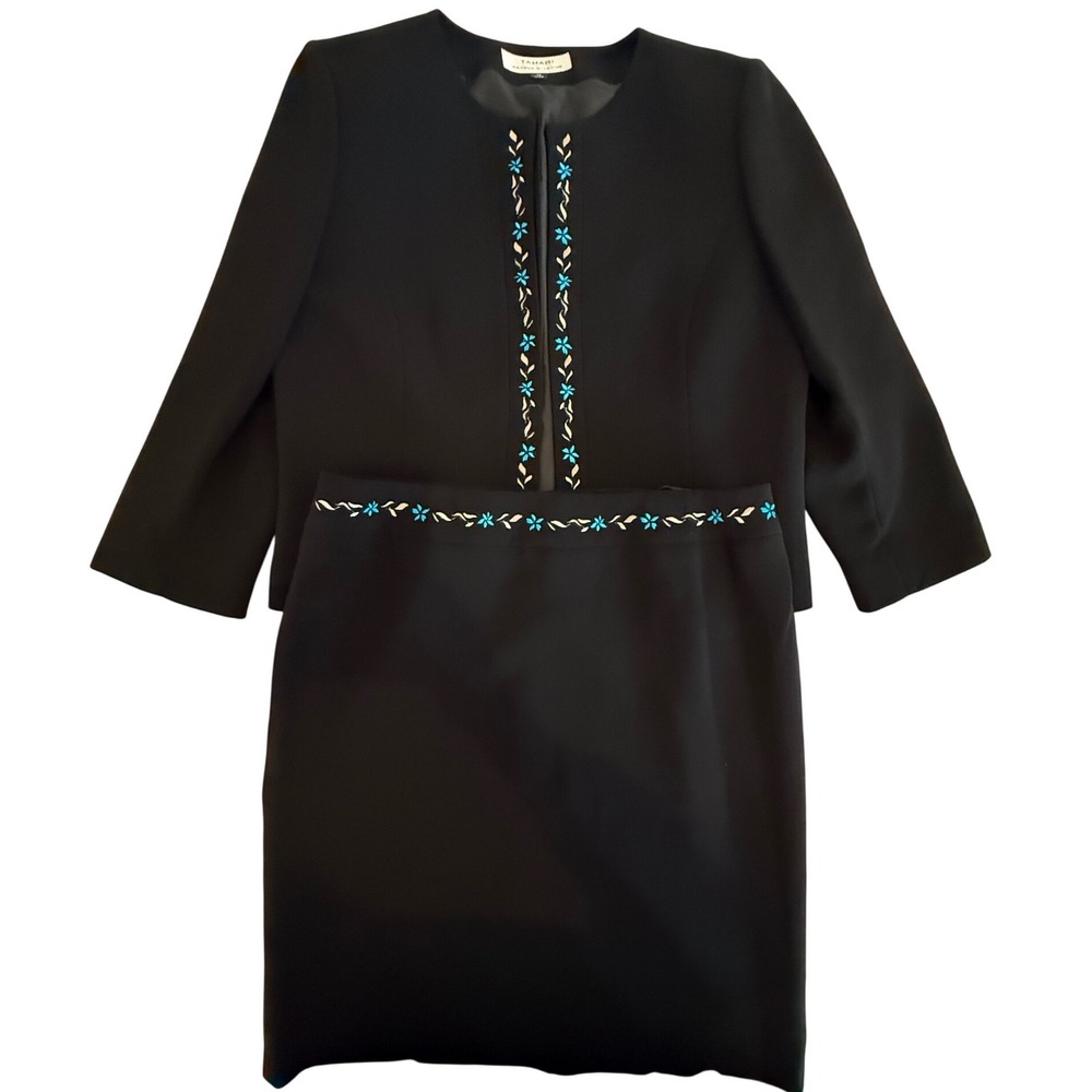 Tahari Arthur S Levine Black Skirt Suit Floral Embroidery 12‎ 2 PC Formal Career